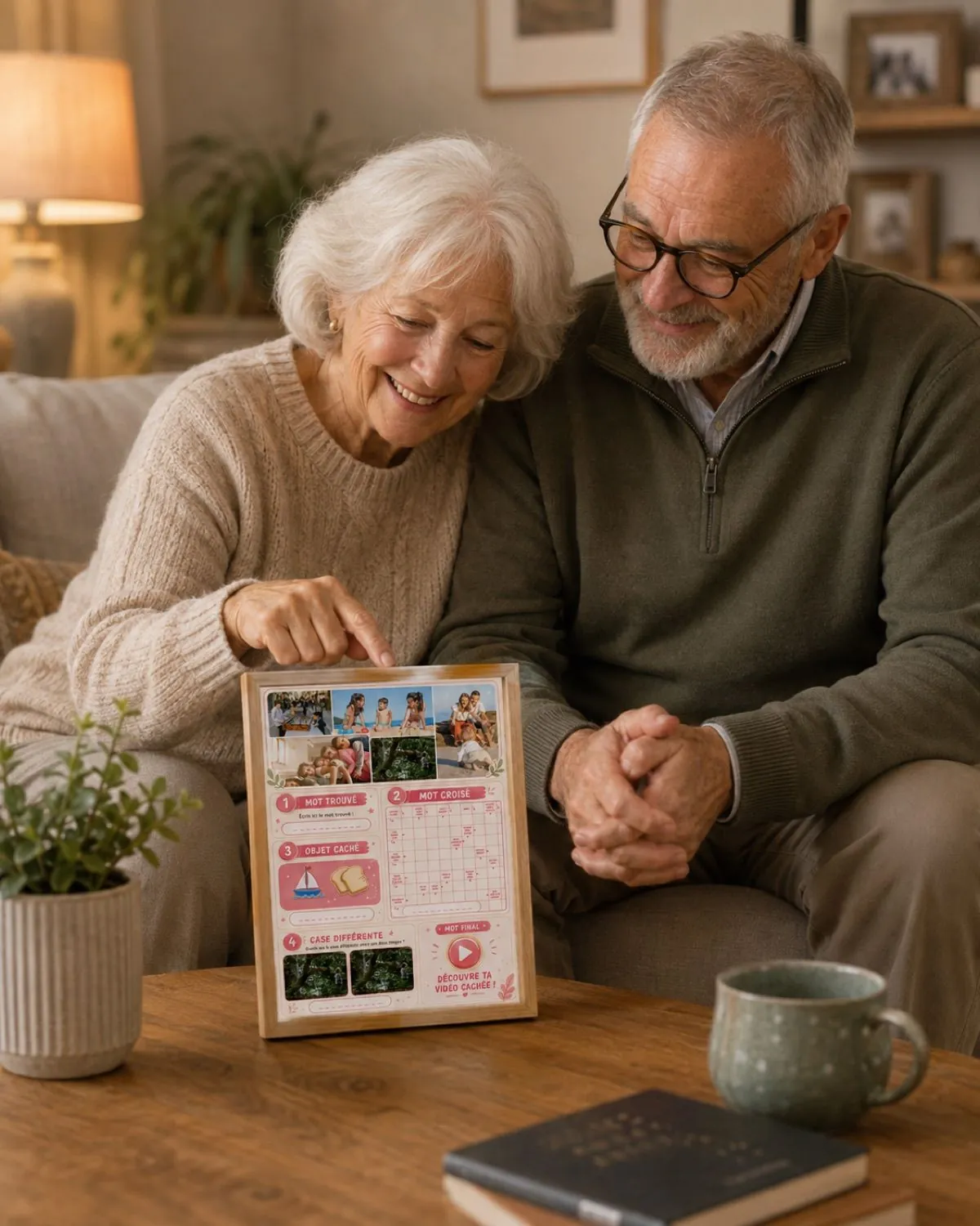 Des grands-parents montrent du doigt une photo de leur cadre Nostalie