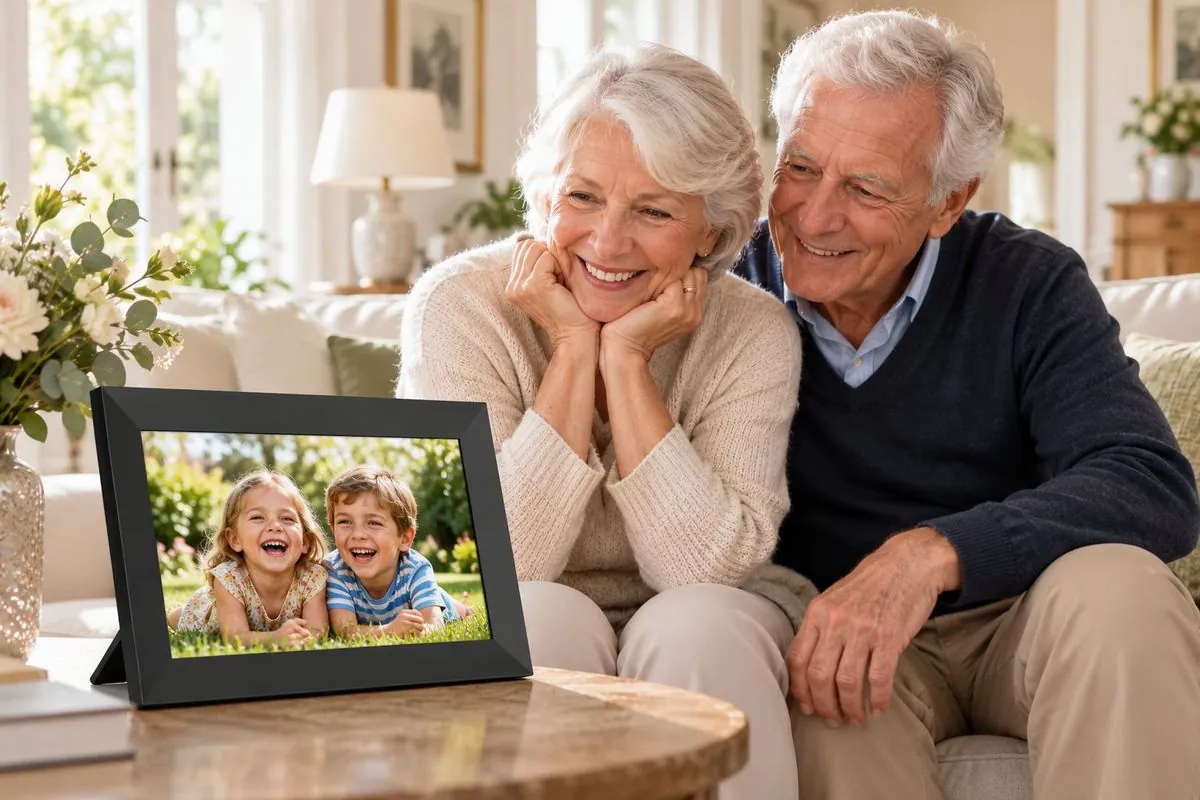 Des grands-parents devant leur cadre photo écran Nostalie posé sur la table basse