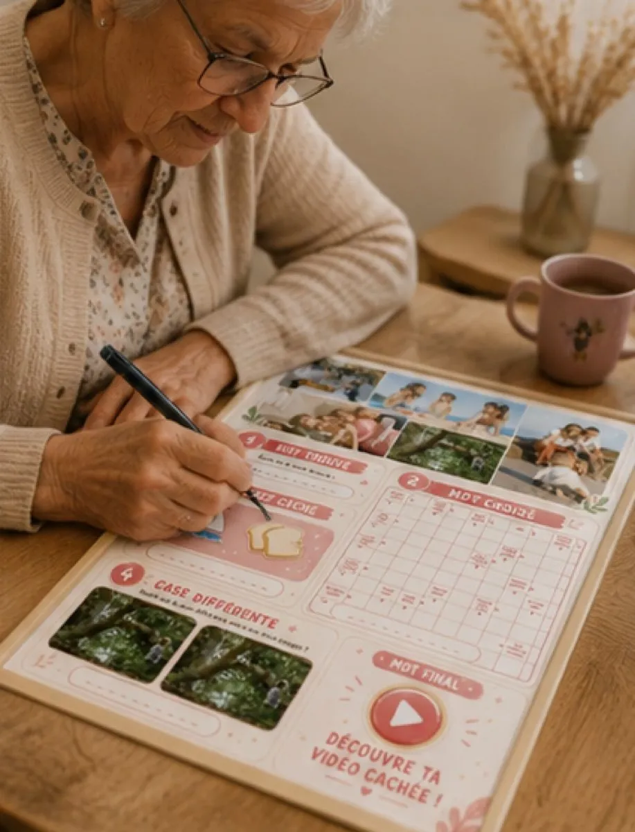 Une grand-mère remplit les jeux de son cadre Nostalie au stylo