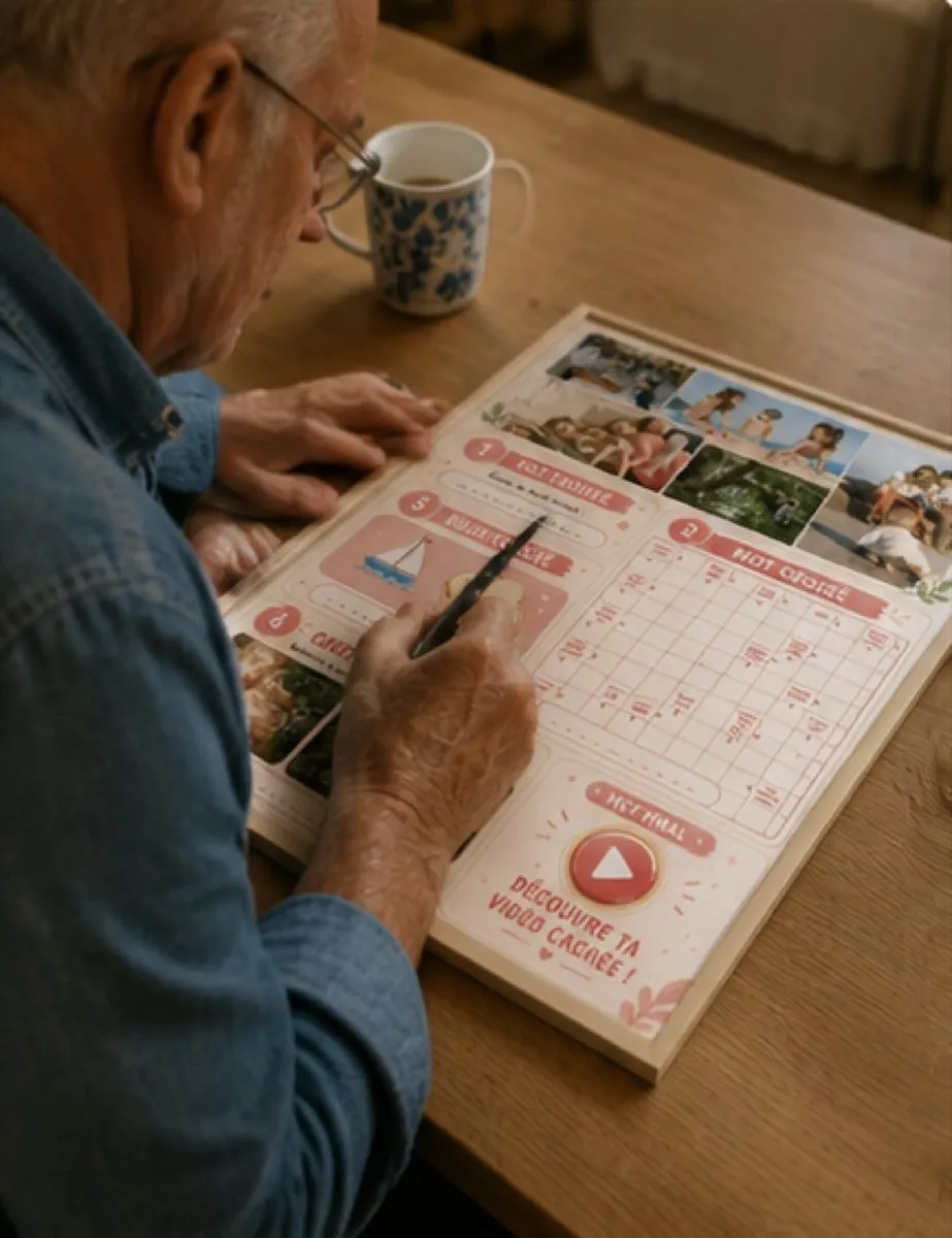 Un grand-père remplit son affiche Nostalie au stylo