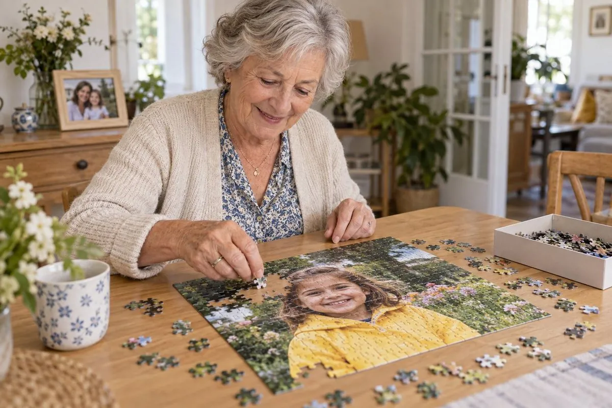 Une grand-mère assemble le puzzle photo de sa petite-fille