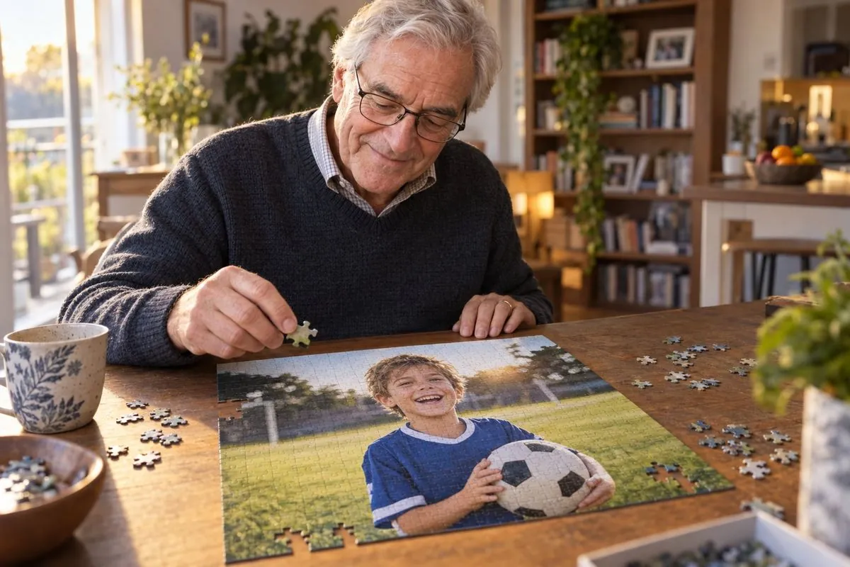 Un grand-père assemble le puzzle photo de son petit-fils